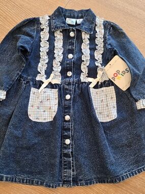 Vintage Pop Kids Denim Dress Girls 5 Ruffle Gingham Floral Pockets Cottagecore